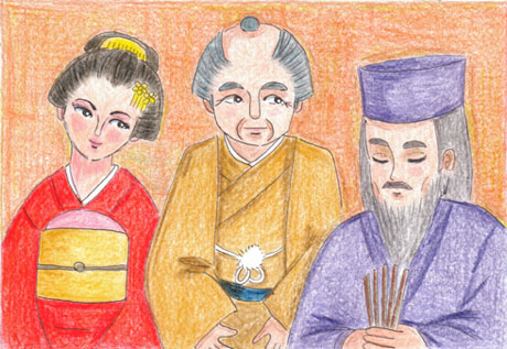 �Վ҂����āA���ƕ��e�̑O�Ő���Ă���