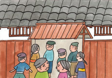 �ނ��߂Ƃ�������ɁA���̑傫�ȉƂ̑O�ɗ�����������A��������̐l���W�܂��Ă���